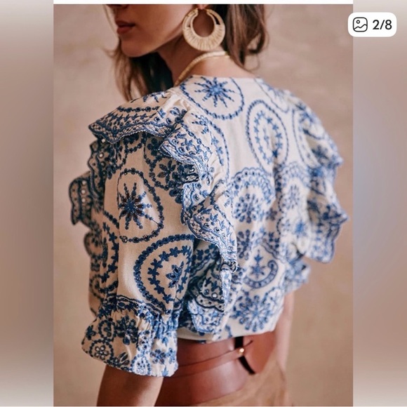 Sezane South Blouse in Ecru Blue Eyelet Embroidered Ruffle Linen Blend - Picture 3 of 13